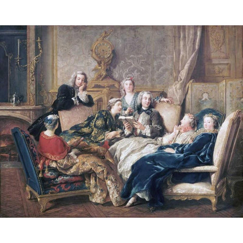La Lecture De Moliere Black Modern Wood Framed Art Print with Double Matting by De Troy, Jean-Francois