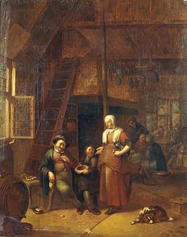 The Interior of An Inn With a Man Paying a Serving Woman Black Ornate Wood Framed Art Print with Double Matting by De Winter, Gillis