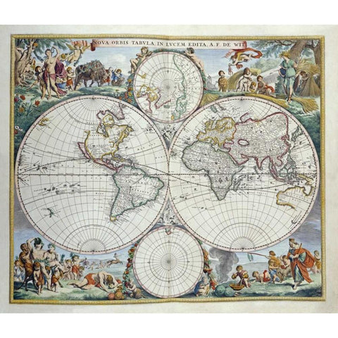 Map of The World Gold Ornate Wood Framed Art Print with Double Matting by De Wit, Frederick