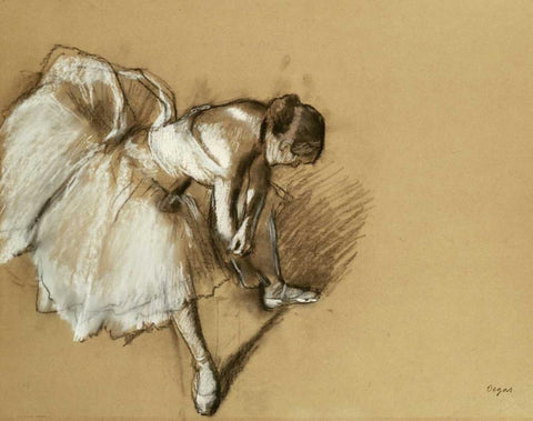 Dancer Adjusting Her Shoe White Modern Wood Framed Art Print with Double Matting by Degas, Edgar