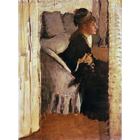 Woman Putting On Her Gloves White Modern Wood Framed Art Print by Degas, Edgar