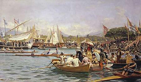 A Regatta, Geneva White Modern Wood Framed Art Print with Double Matting by Dufaux, Frederic