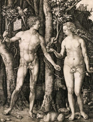 Adam and Eve Black Ornate Wood Framed Art Print with Double Matting by Durer, Albrecht