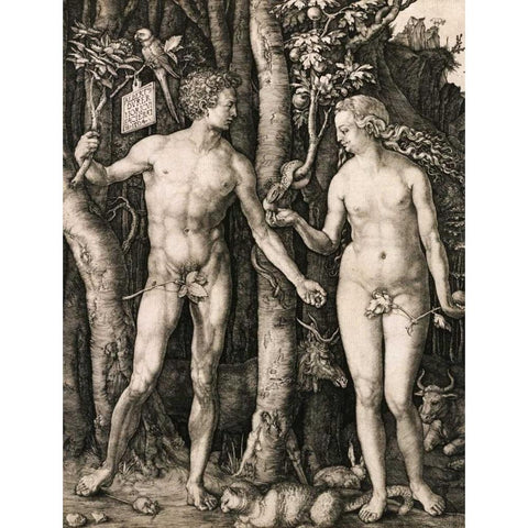 Adam and Eve Black Modern Wood Framed Art Print by Durer, Albrecht