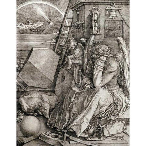 Melancholia White Modern Wood Framed Art Print by Durer, Albrecht