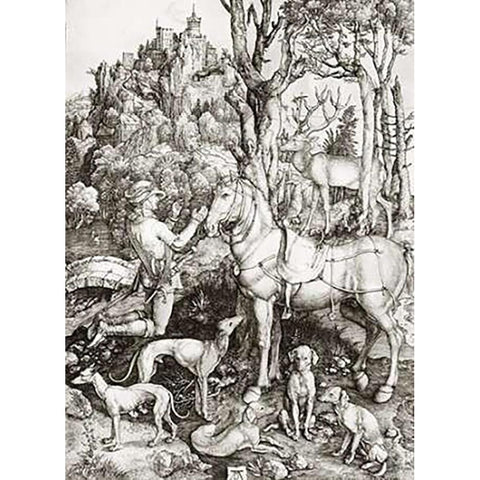 Saint Eustace Black Modern Wood Framed Art Print with Double Matting by Durer, Albrecht