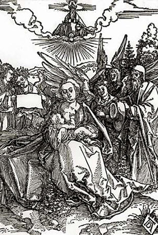 The Holy Family With Five Angels Black Ornate Wood Framed Art Print with Double Matting by Durer, Albrecht