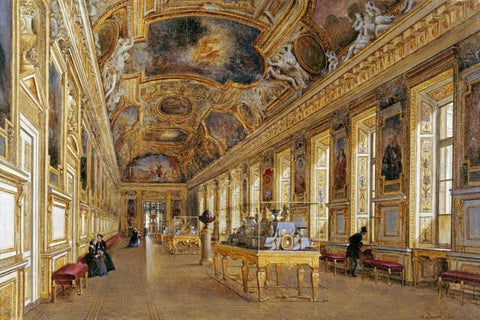 The Interior of The Louvre Black Ornate Wood Framed Art Print with Double Matting by Duval, Victor