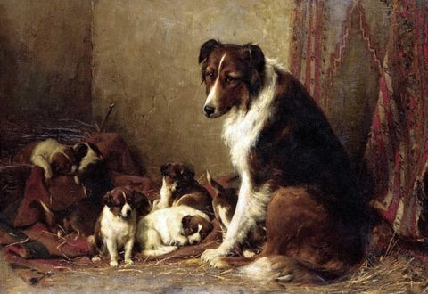A Collie With Her Puppies Black Ornate Wood Framed Art Print with Double Matting by Eerelman, Otto
