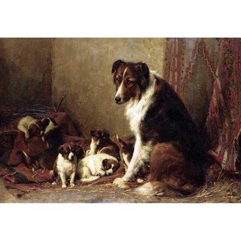A Collie With Her Puppies Black Modern Wood Framed Art Print by Eerelman, Otto