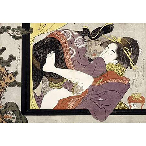 Erotic Scene Gold Ornate Wood Framed Art Print with Double Matting by School, Eishi