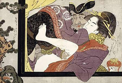 Erotic Scene Black Ornate Wood Framed Art Print with Double Matting by School, Eishi