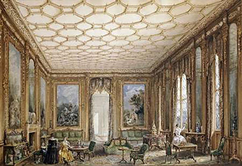 View of a Jacobean-Style Grand Drawing Room White Modern Wood Framed Art Print with Double Matting by English School