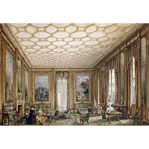 View of a Jacobean-Style Grand Drawing Room Gold Ornate Wood Framed Art Print with Double Matting by English School