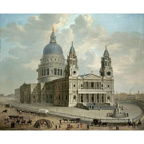 View of St. Pauls Cathedral Black Modern Wood Framed Art Print with Double Matting by English School