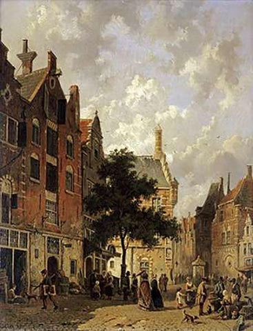 A Street Scene Black Ornate Wood Framed Art Print with Double Matting by Eversen, Adrianus