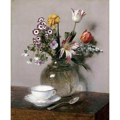 A Vase of Flowers With a Coffee Cup Gold Ornate Wood Framed Art Print with Double Matting by Latour, Henri Fantin