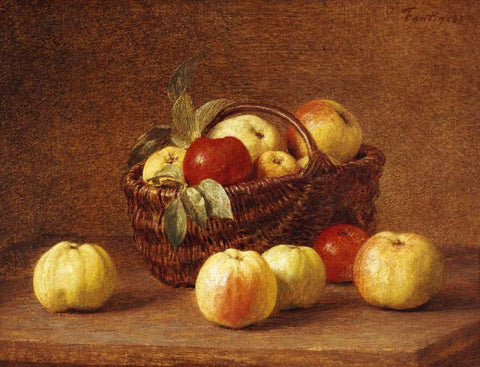 Apples In a Basket On a Table White Modern Wood Framed Art Print with Double Matting by Fantin-Latour, Henri