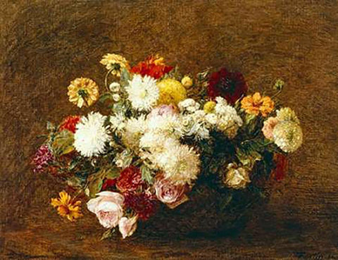 Bouquet De Fleurs Black Ornate Wood Framed Art Print with Double Matting by Latour, Henri Fantin