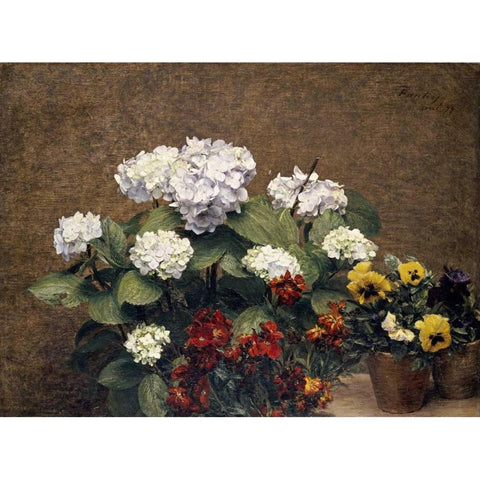 Hydrangeas, Wallflowers and Two Pots of Pansies Gold Ornate Wood Framed Art Print with Double Matting by Fantin-Latour, Henri