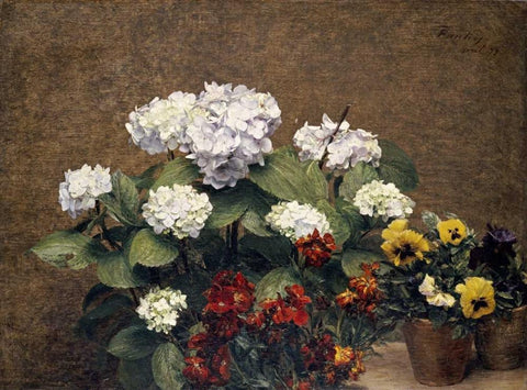 Hydrangeas, Wallflowers and Two Pots of Pansies Black Ornate Wood Framed Art Print with Double Matting by Fantin-Latour, Henri