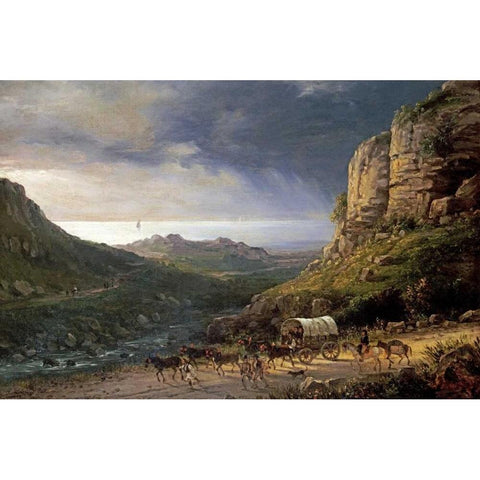 A Wagon On a Path Black Modern Wood Framed Art Print by Ferri, Domenico