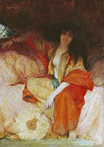 A Harem Beauty Holding a Fan White Modern Wood Framed Art Print with Double Matting by Ferrier, Gabriel Joseph