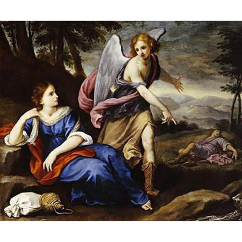 The Angel Appearing To Hagar Gold Ornate Wood Framed Art Print with Double Matting by School, Florentine