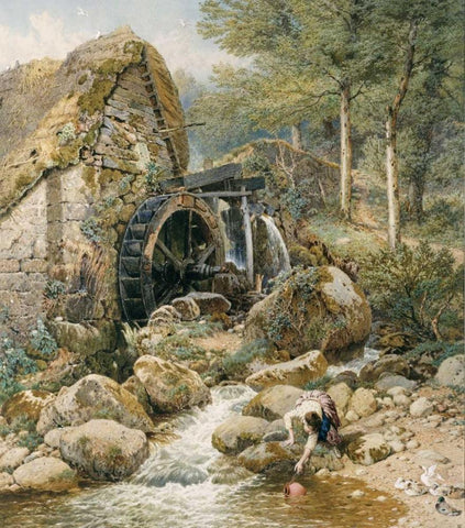 An Old Water Mill White Modern Wood Framed Art Print with Double Matting by Foster, Myles Birket