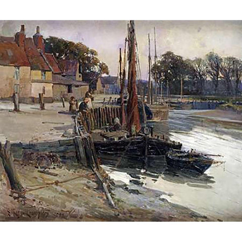 A Cornish Fishing Village White Modern Wood Framed Art Print by Frampton, Edward Reginald