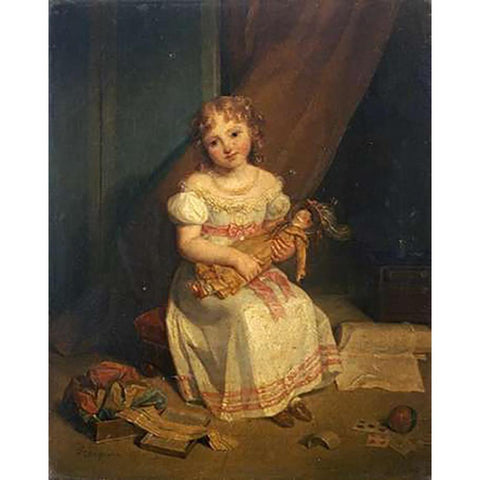 Her Favourite Doll Black Modern Wood Framed Art Print with Double Matting by Franquelin, Jean Augustin