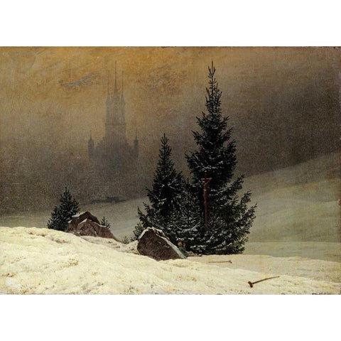 Winter Landscape With a Church Black Modern Wood Framed Art Print with Double Matting by Friedrich, Caspar David