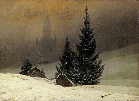 Winter Landscape With a Church Black Ornate Wood Framed Art Print with Double Matting by Friedrich, Caspar David