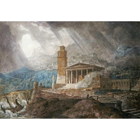 A Capriccio of a Roman Port During a Storm Black Modern Wood Framed Art Print by Gandy, Joseph Michael