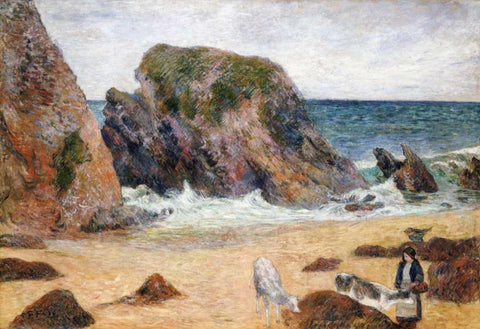 Cows On The Seashore Black Ornate Wood Framed Art Print with Double Matting by Gauguin, Paul