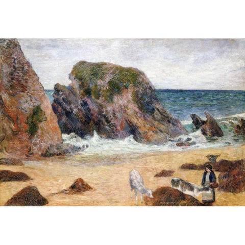 Cows On The Seashore Black Modern Wood Framed Art Print by Gauguin, Paul