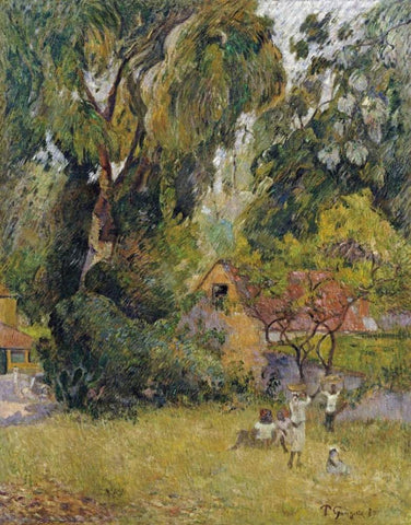 Huts Under The Trees White Modern Wood Framed Art Print with Double Matting by Gauguin, Paul