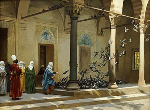 Harem Women Feeding Pigeons In a Courtyard Black Ornate Wood Framed Art Print with Double Matting by Gerome, Jean Leon