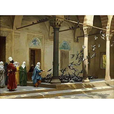 Harem Women Feeding Pigeons In a Courtyard Gold Ornate Wood Framed Art Print with Double Matting by Gerome, Jean Leon