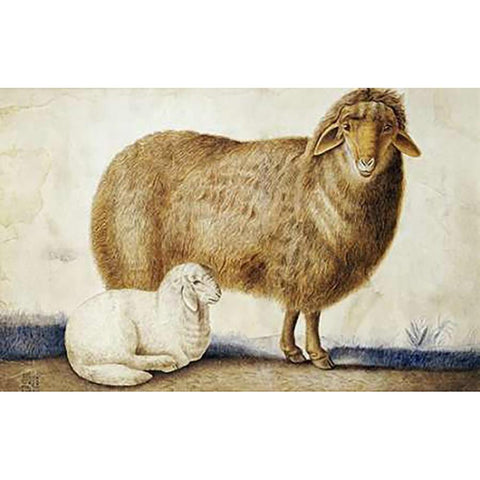 A Ewe and Her Lamb Gold Ornate Wood Framed Art Print with Double Matting by Ghaffari, Abul Hasan