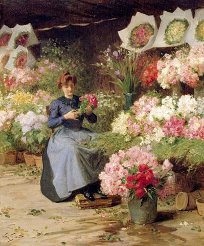 Flower Seller Behind The Madelaine Church White Modern Wood Framed Art Print with Double Matting by Gilbert, Victor