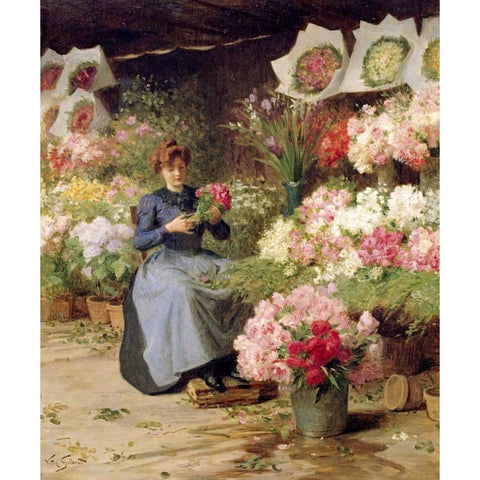 Flower Seller Behind The Madelaine Church Black Modern Wood Framed Art Print by Gilbert, Victor