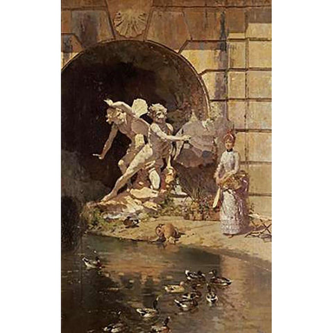 Feeding The Ducks Gold Ornate Wood Framed Art Print with Double Matting by Giroux, Ernest