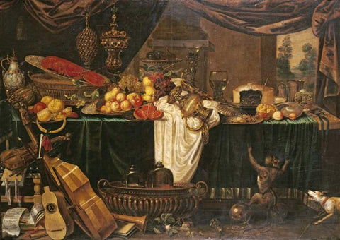 A Banquet Still-Life Black Ornate Wood Framed Art Print with Double Matting by Goiber, Jan Frederick