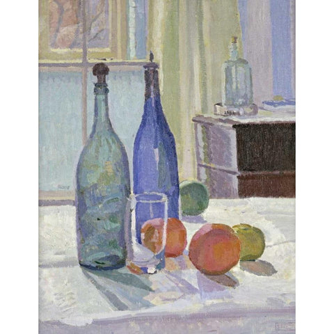 Blue and Green Bottles and Oranges White Modern Wood Framed Art Print by Gore, Spencer Frederick