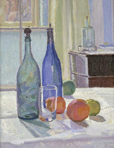 Blue and Green Bottles and Oranges White Modern Wood Framed Art Print with Double Matting by Gore, Spencer Frederick