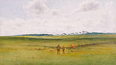 On The Links, St. Andrews White Modern Wood Framed Art Print with Double Matting by Gow, James Forbes Mackintosh