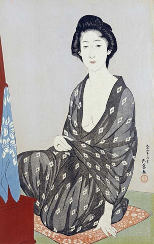 A Beauty In a Black Kimono Black Ornate Wood Framed Art Print with Double Matting by Goyo, Hashiguichi