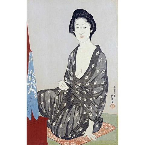 A Beauty In a Black Kimono Black Modern Wood Framed Art Print by Goyo, Hashiguichi
