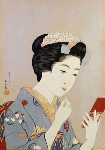 A Maiko Applying Rouge To Her Lips Black Ornate Wood Framed Art Print with Double Matting by Goyo, Hashiguichi